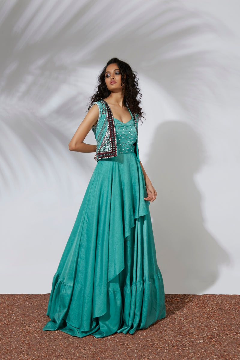 AQUA ASYMMETRICAL GOWN WITH EMBROIDERED CROP JACKET