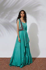 AQUA ASYMMETRICAL GOWN WITH EMBROIDERED CROP JACKET