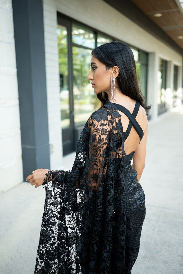 Black Sequins and Lace Signature Drape Sari