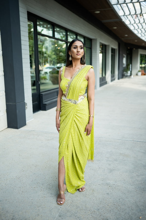 Shilpa Lime Green Signature Drape Sari | Ready to Ship