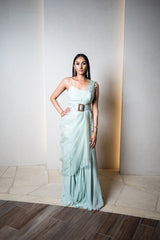 Pastel Mint Embroidered shoulder blade cape with flare cut pants