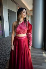 Red printed yoke gown