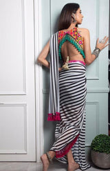 Black & White Striped Signature Drape Sari