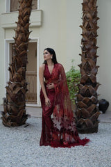 Cranberry Feather Sari