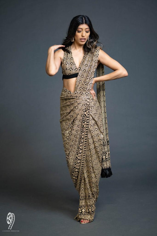 Black & Gold Lucknowi Pre-Draped Sari
