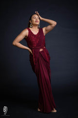 Wine Draped Sari Gown