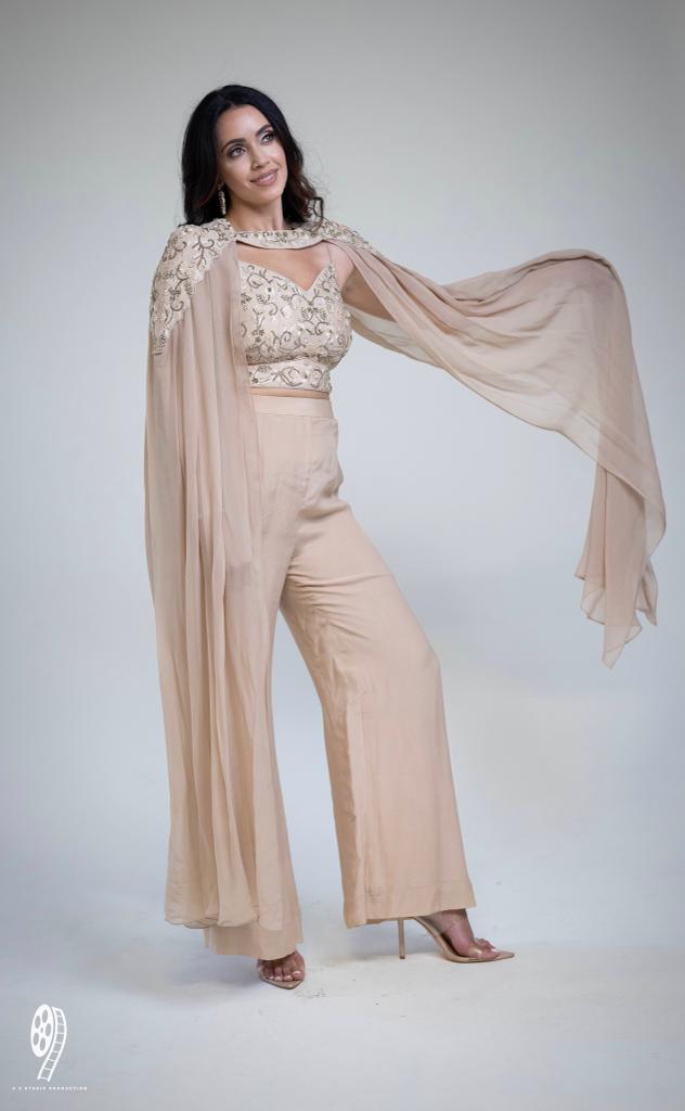 Taupe Crop Top with Trouser Pants and Detachable Cape