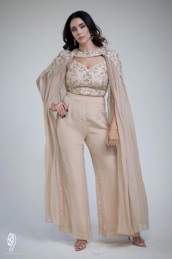 Taupe Crop Top with Trouser Pants and Detachable Cape | Ready to Ship