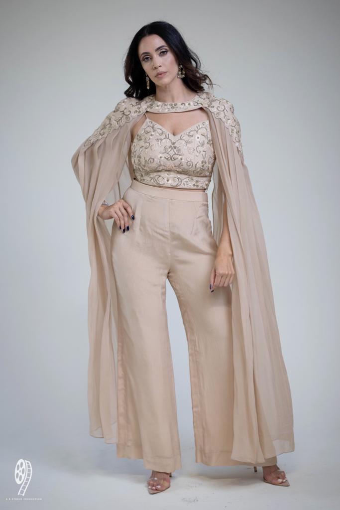 *SAMPLE PIECE*  Taupe Crop Top with Trouser Pants and Detachable Cape | Ready to Ship