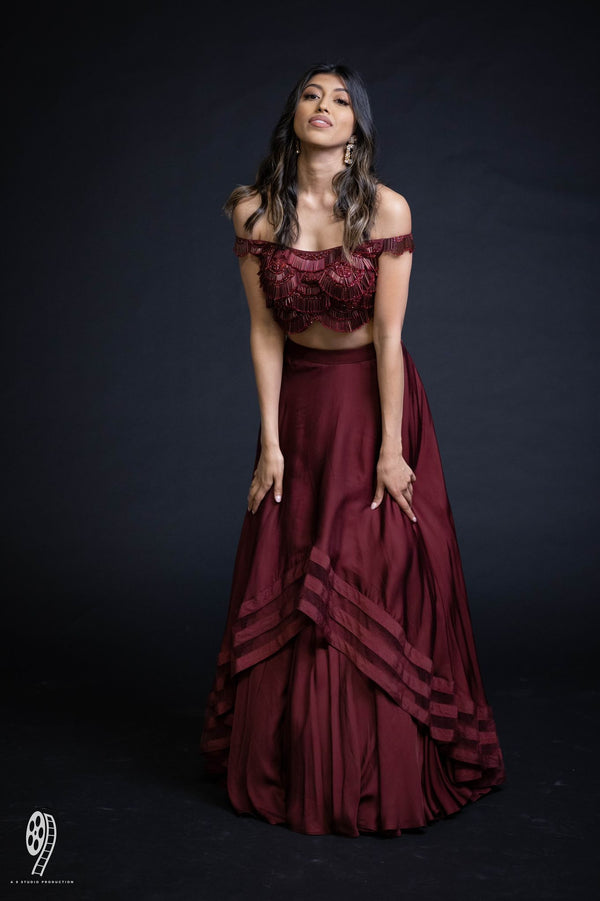 *SAMPLE PIECE* Wine off-shoulder top and lehenga | Ready to Ship