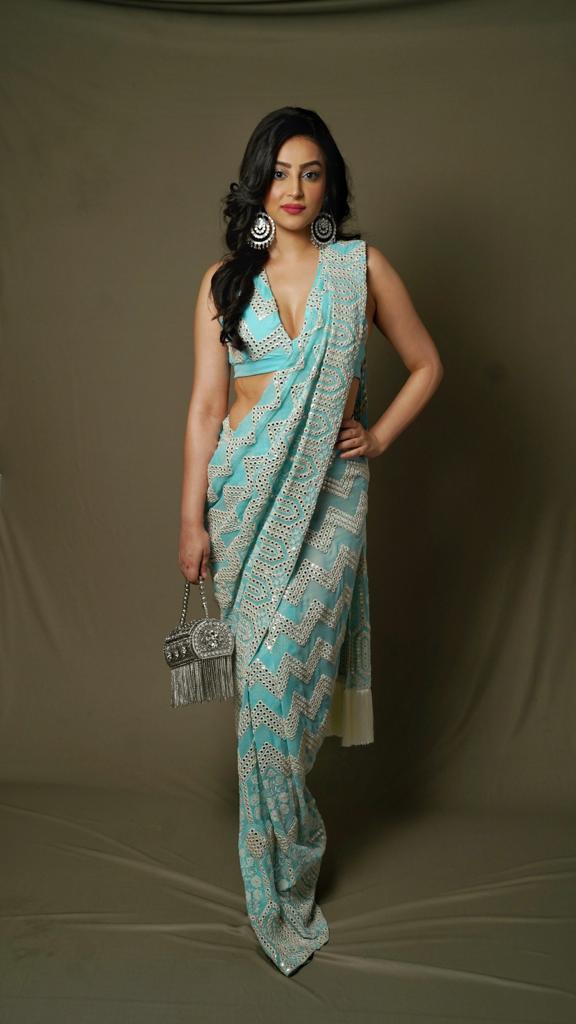 Blue Chevron Pre-Draped Sari