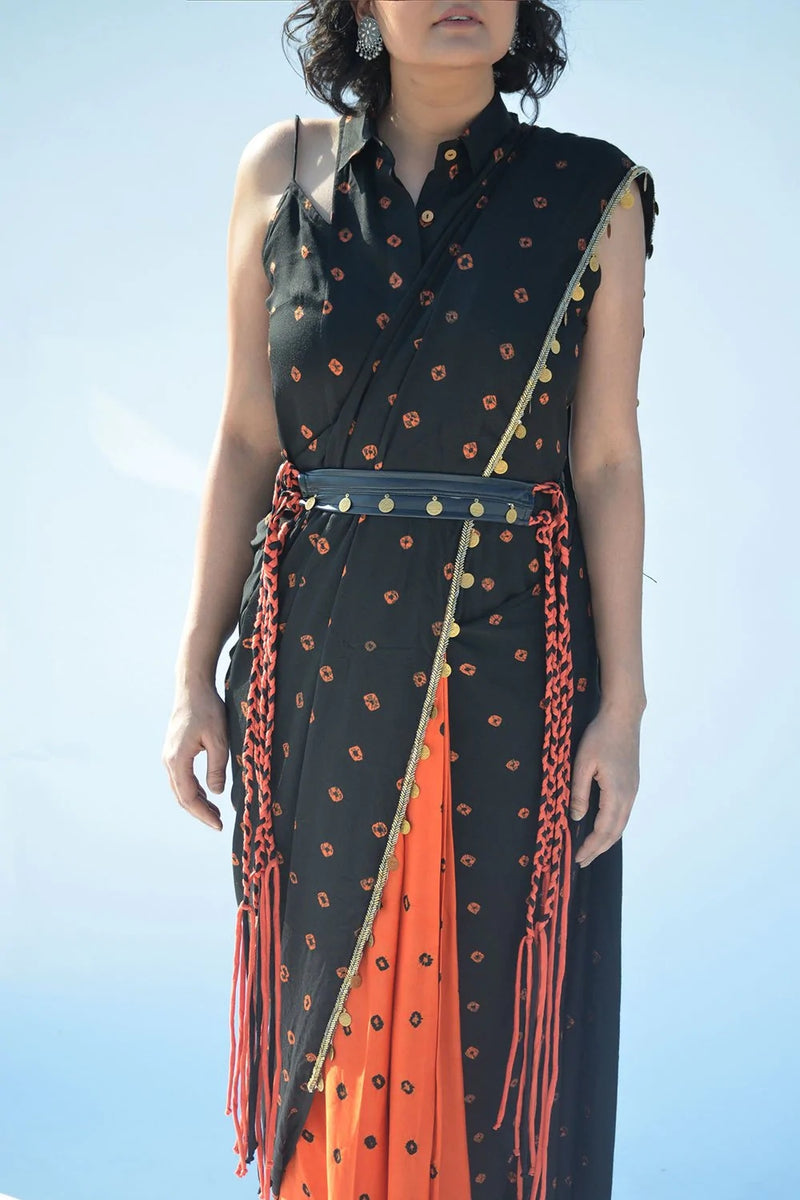 Orange/Black Pre Draped Sari with top and belt
