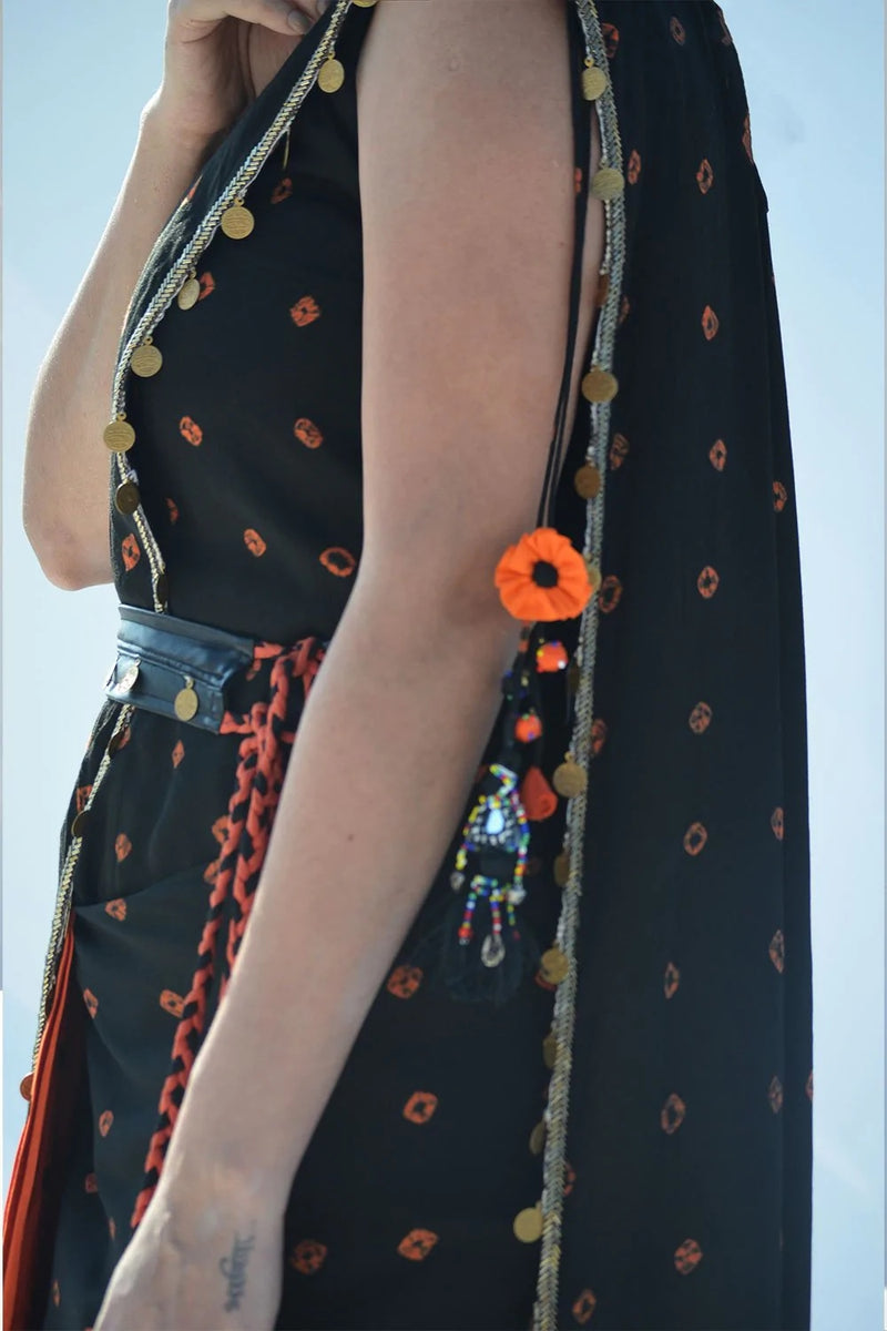 Orange/Black Pre Draped Sari with top and belt
