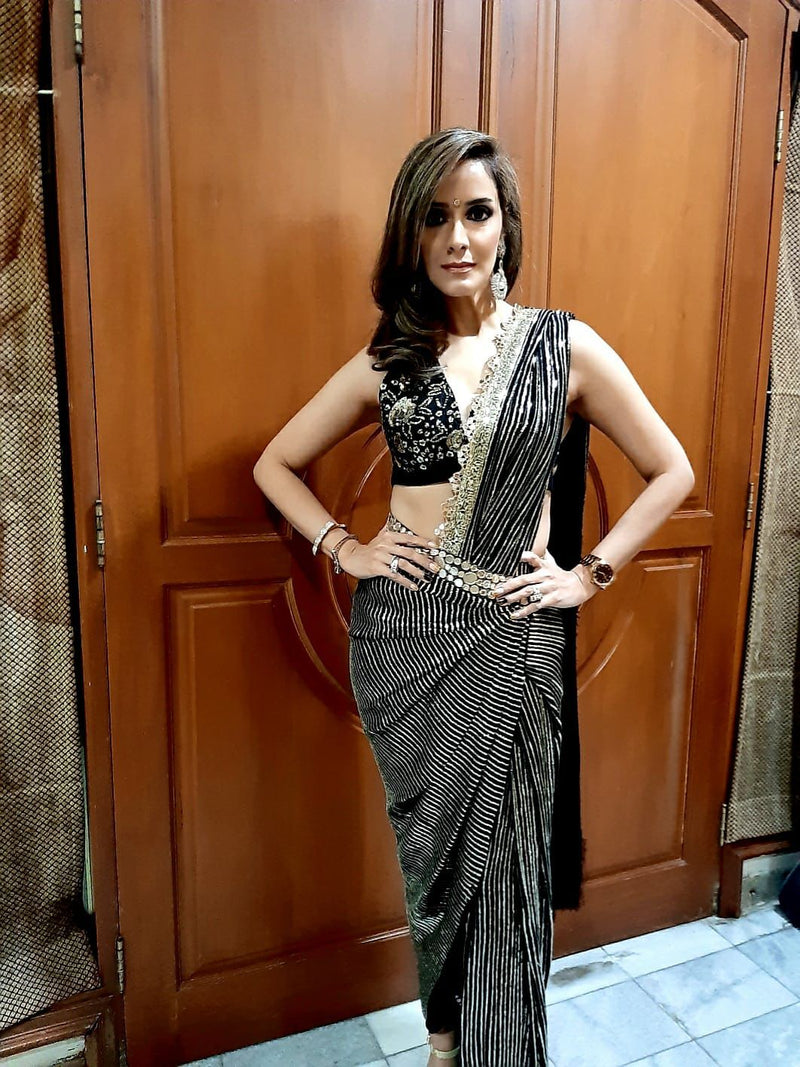 Black Gold Sequins Stripe Signature Drape Sari