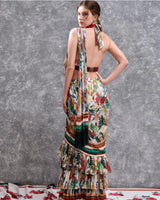 Floral Print Ruffle Pre-Draped Sari