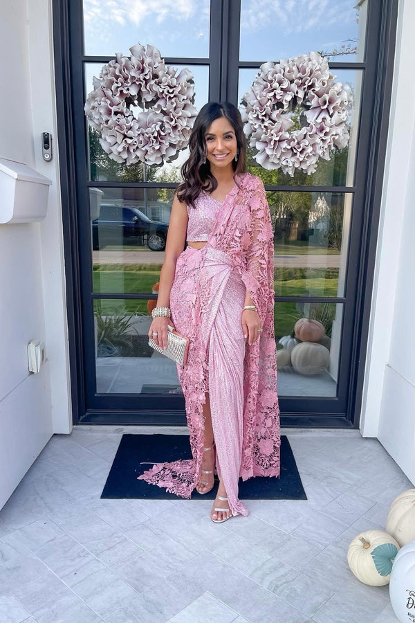 Pink lace sequins Pre-draped sari