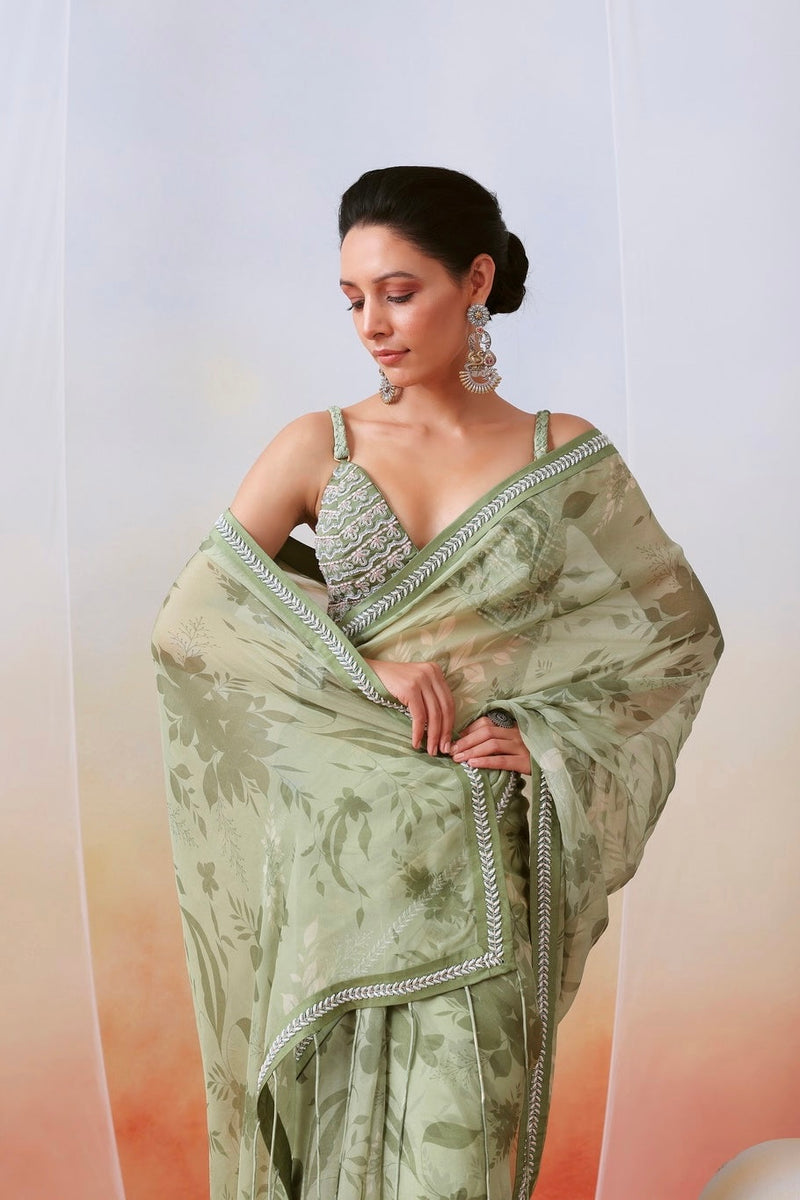Sage green printed embroidered saree set