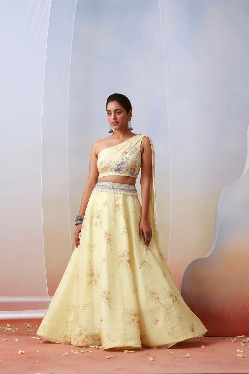 Off white printed and embroidered drape lehenga set