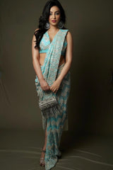 Blue Chevron Pre-Draped Sari