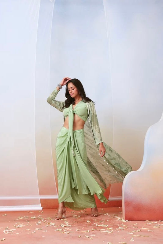 Sage green drape skirt set