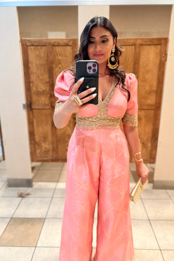 Pink Embroidered silk jumpsuit