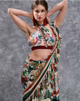 Floral Print Ruffle Pre-Draped Sari