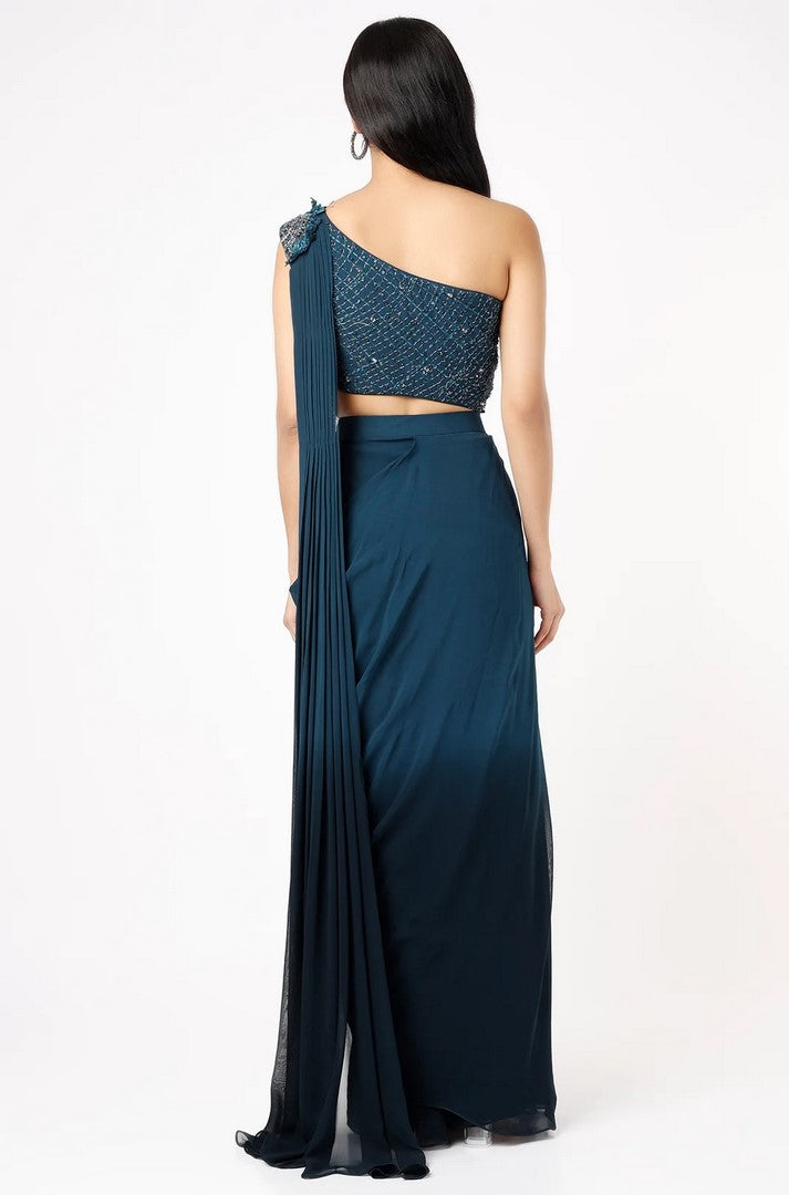DEEP TURQUOISE OMBRE ONE-SHOULDER DRAPED GOWN