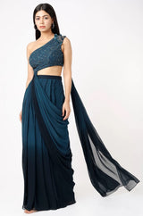 DEEP TURQUOISE OMBRE ONE-SHOULDER DRAPED GOWN
